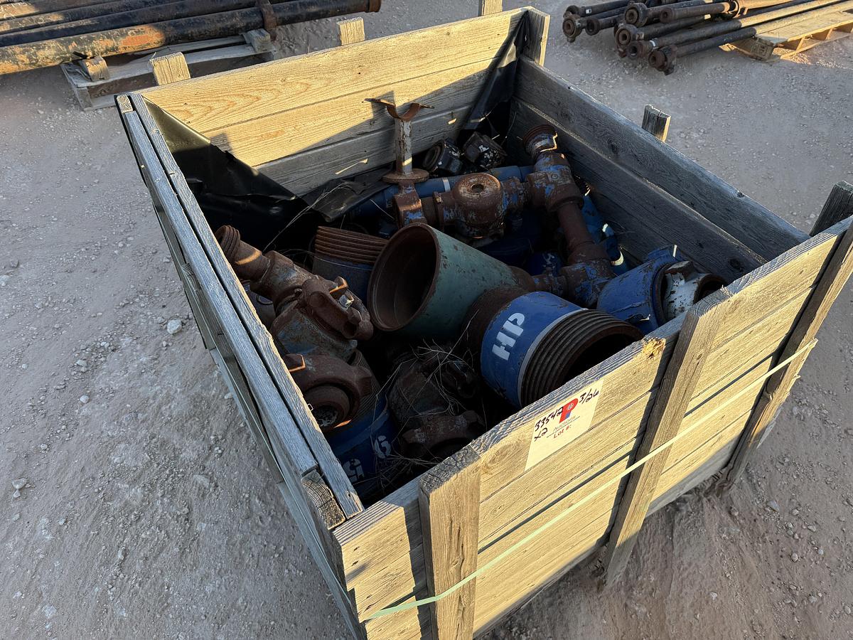 Used (1) TOTE & (1) CRATE W/ VARIOUS 2” & 3” FLOW IRON & CEMENT HEAD CONNS, CROSS OVERS, SUBS, PLUG VALVES, CHIKSANS, & RELATED