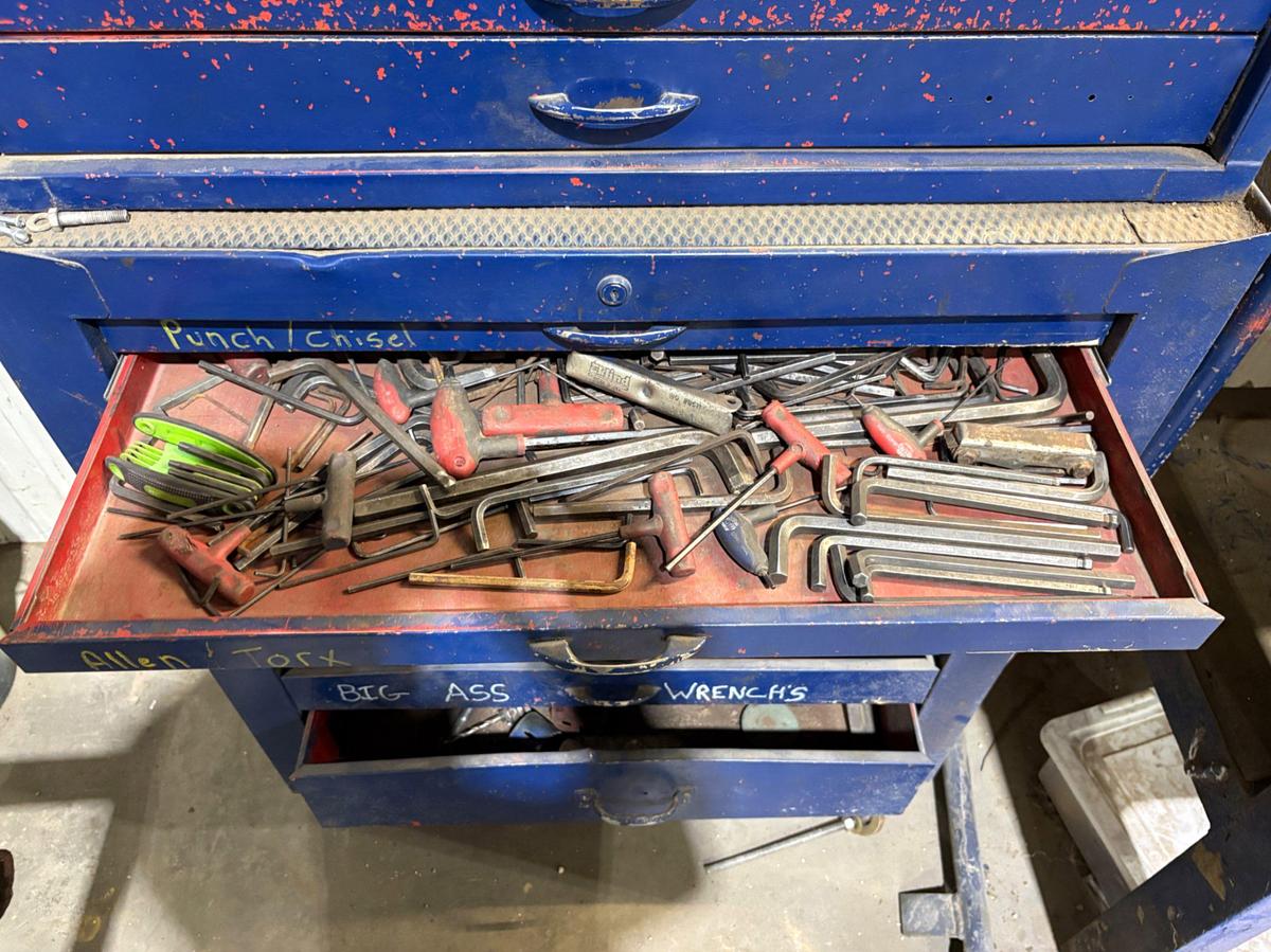 Used 34” x 18” x 60” tool box w/ contents