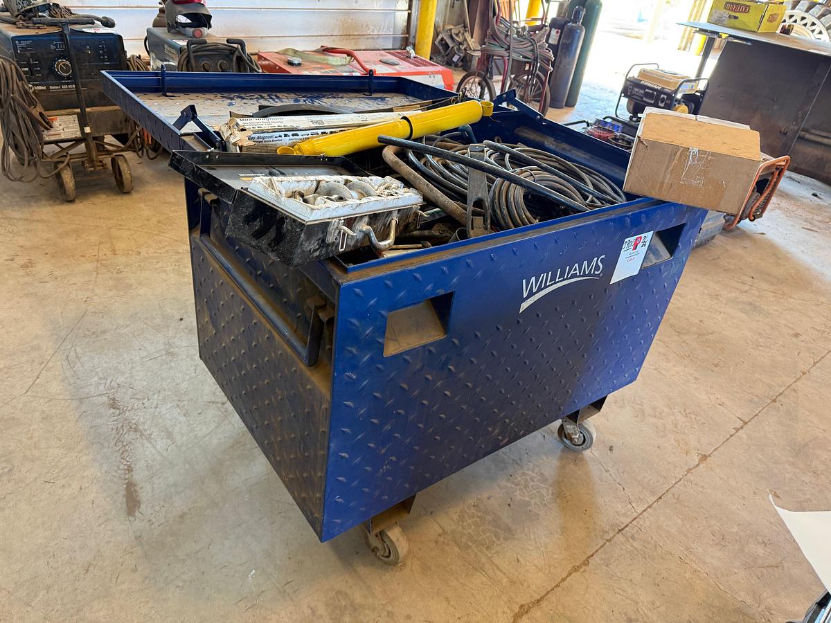 Used WILLIAMS 4’ x 2.6’ x 2.4’ ROLLING TOOLBOX FULL OF VARIOUS TOOLS