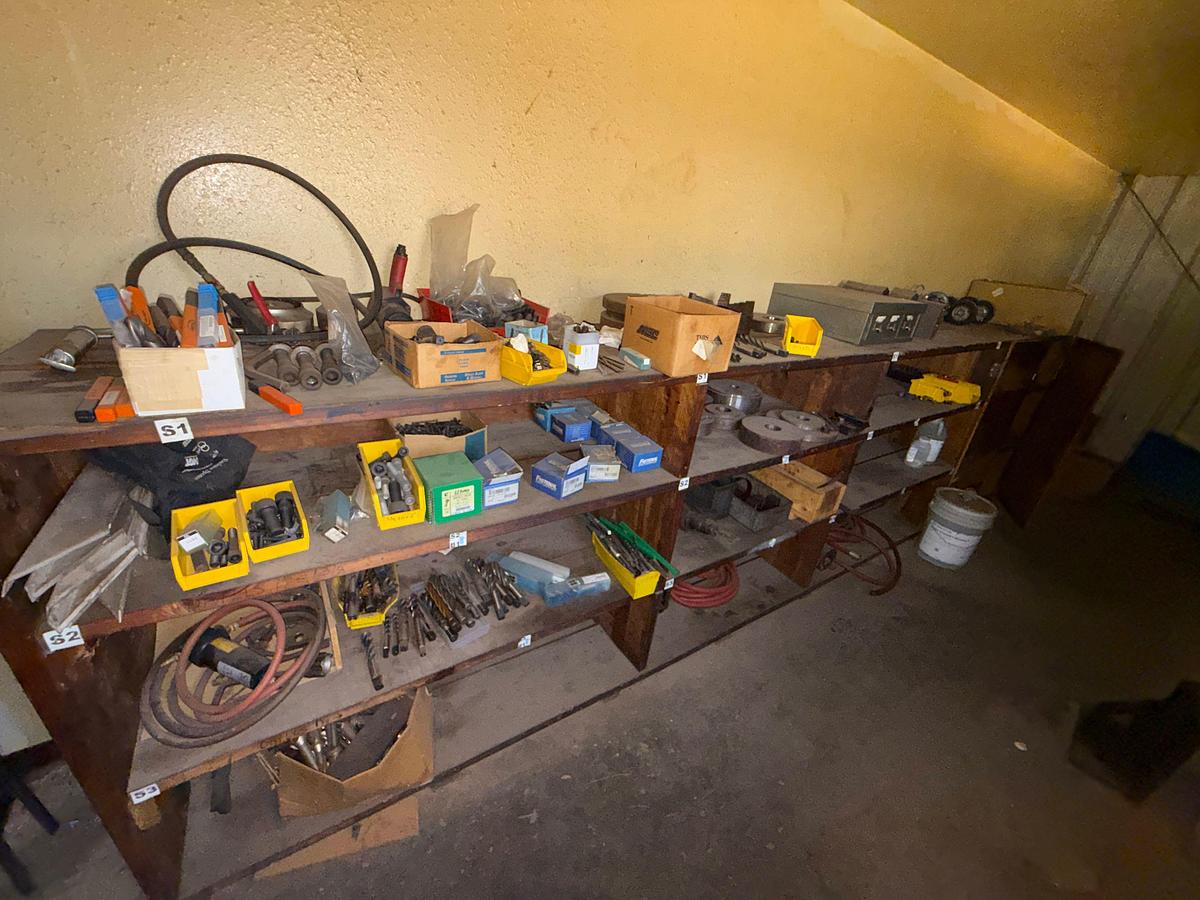Used 16’x2’x4’ 3-ROW WOOD SHELF W/ CONTENTS OF TAPS, CHUCKS, CUTTING TOOLS, & RELATED