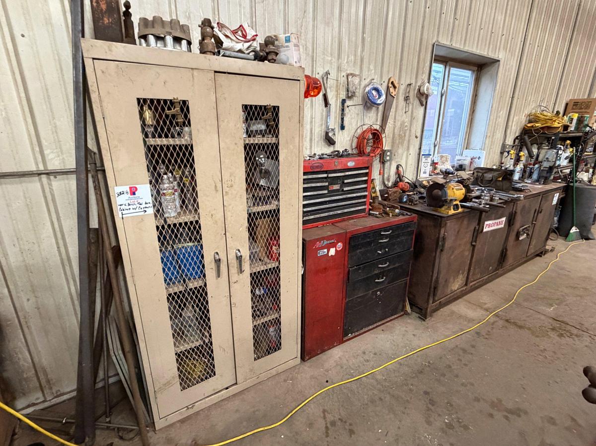 Used Work Bench, Tools & Tool Boxes on east wall to include: