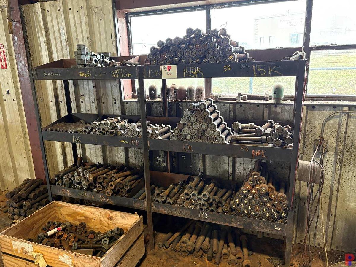 Used 8’ X 1.5’ X 5’ SHELVING UNIT W/ ASSORTED 1-1/2” & 2” STUD BOLTS