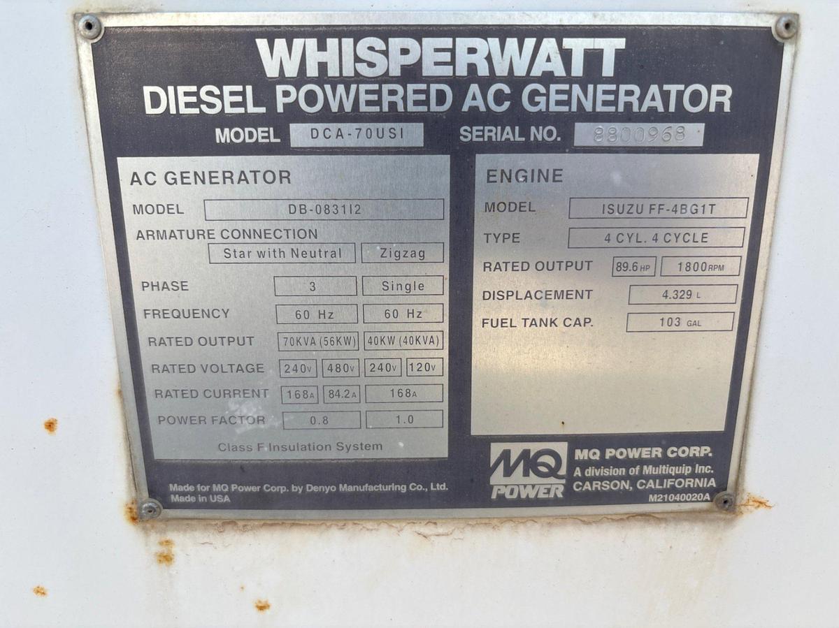 Used WHISPERWATT DCA-70USI DIESEL POWERED AC GENERATOR