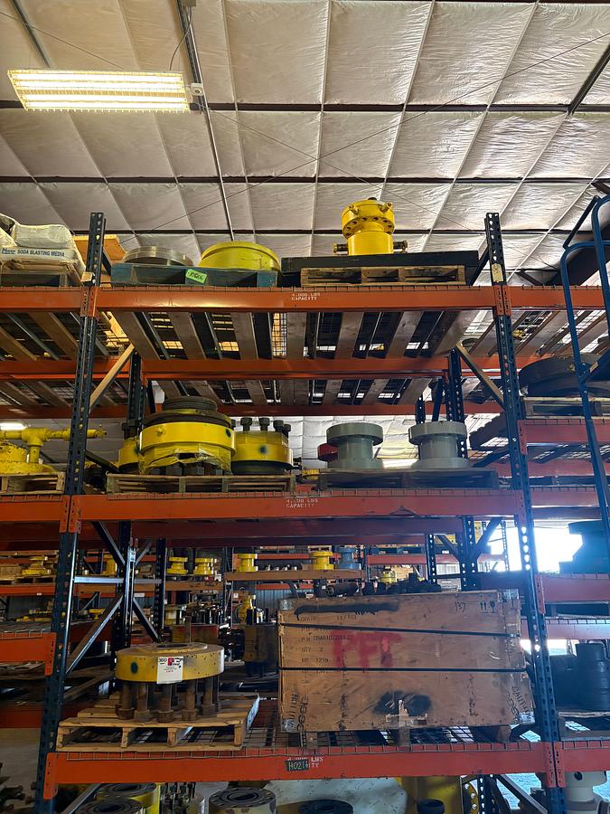 Used Contents of (5 shelves) w/ esp flange equipment, blind flanges, soda blast media, single stud adapters, (1) Braden head, etc