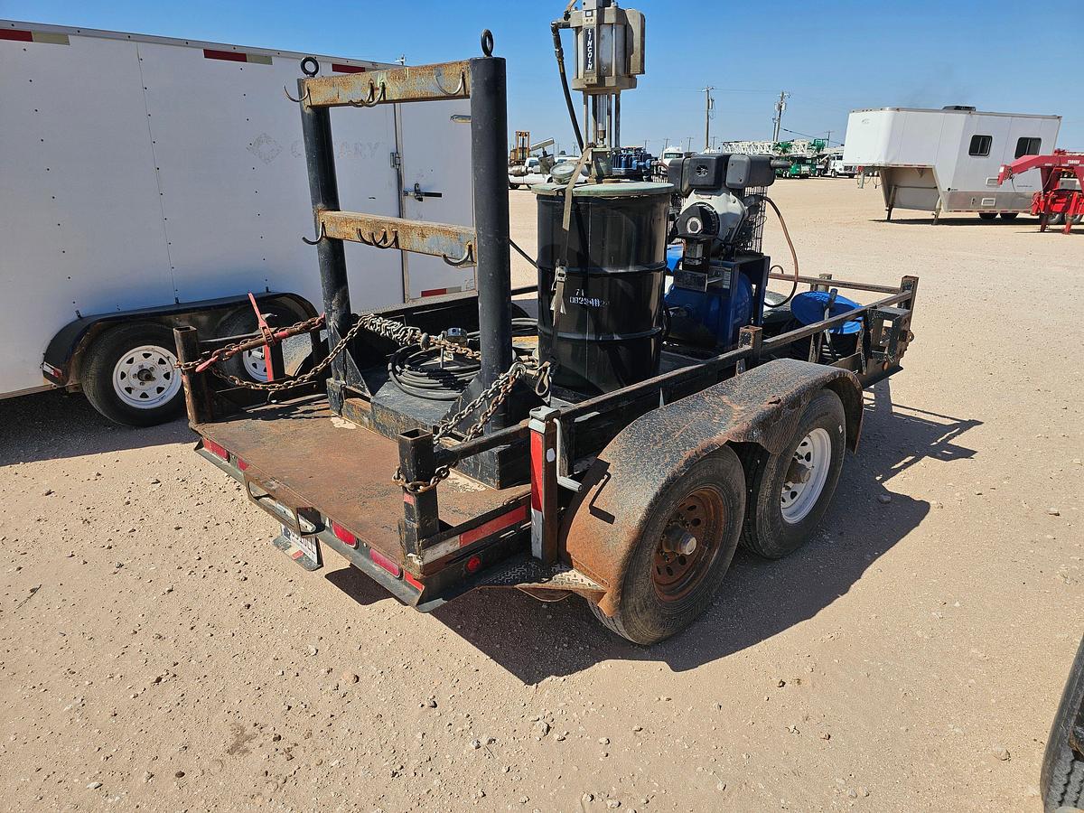 Used Portable pneumatic grease pump mtd on 12’ x 6’ shopbuilt t/a bumper pull trailer