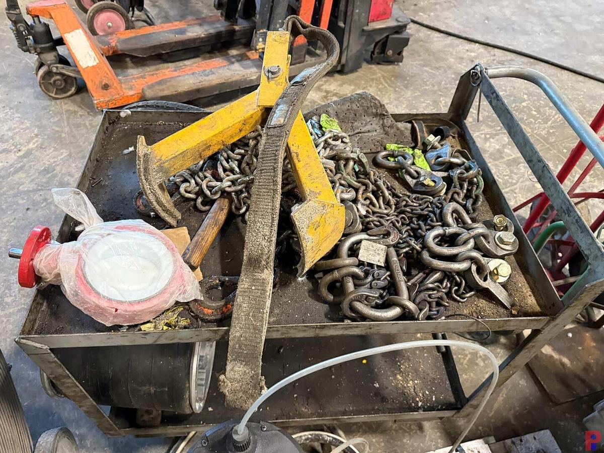 Used LOT W/ (2) ROLLING PARTS CARTS, (2) DOLLIES, HEADLAND METER, PORT A POWER FOOT PUMP, & HOSE,,  PNEUM. FLUID PUMP, 42” SHOP FAN