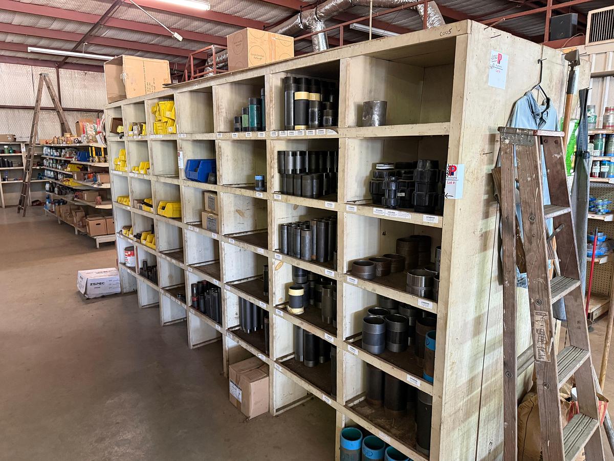 Used 14’ x 2’ x 7’ 42-BIN WOOD PARTS SHELF