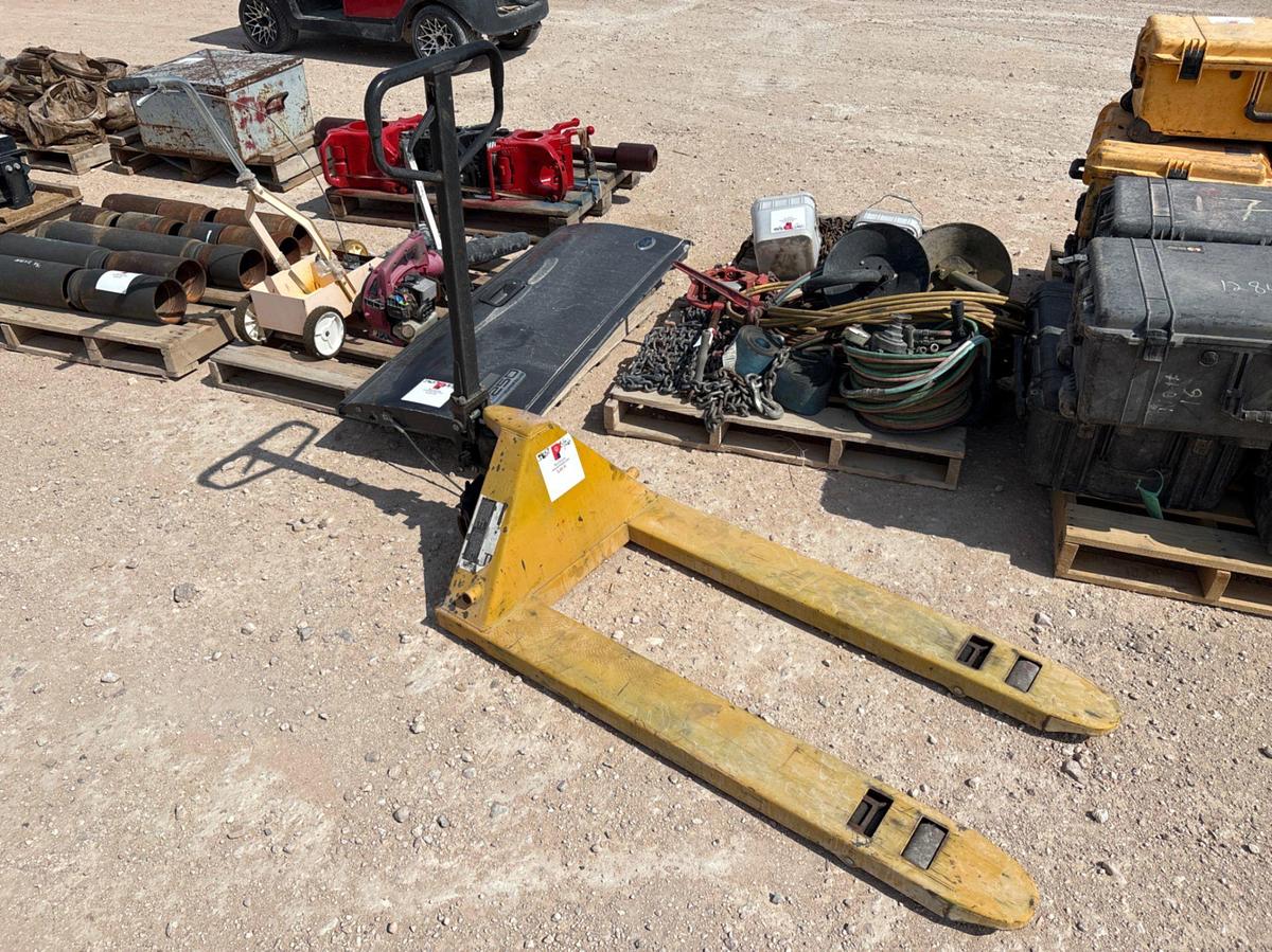 Used (3 pallets) w/ assorted chains, oxygen/acetylene hoses, F-250 super duty tailgate, leaf blower, pallet jack, etc