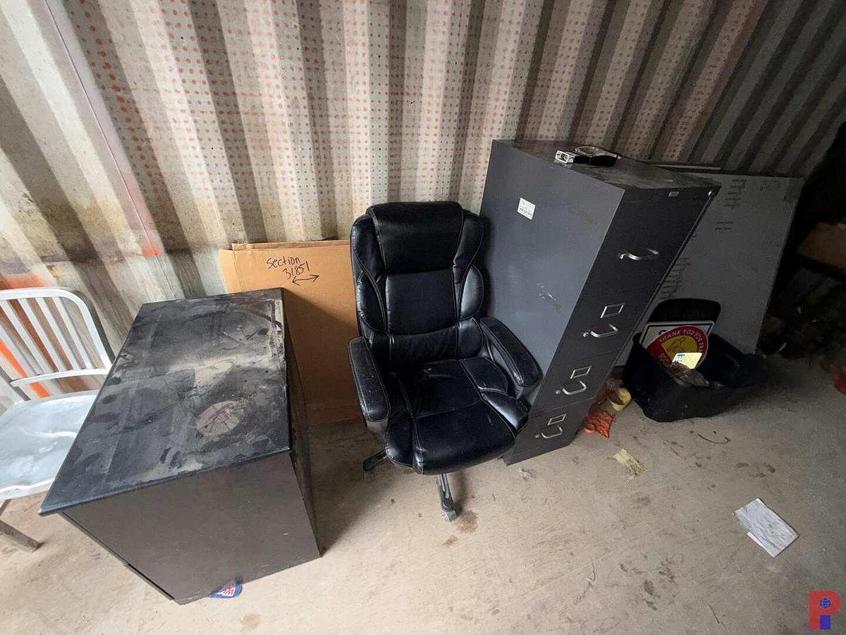 Used SECTION W/ (2) DRAWER CABINET, HI-BACK ROLLING CHAIR, 4-DRAWER FILING CABINET, (2) WHITE BOARDS, TUB OF SAFETY SIGNS