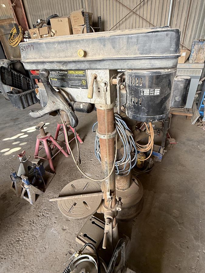 Used (1) WILTON VICE MTD ON STAND, (1) ELECT. 13” DRILL & (1) 20 TON BOTTLE JACK PRESS, (1) PROPANE BOTTLE & TORCH, BATTERY CHARGER