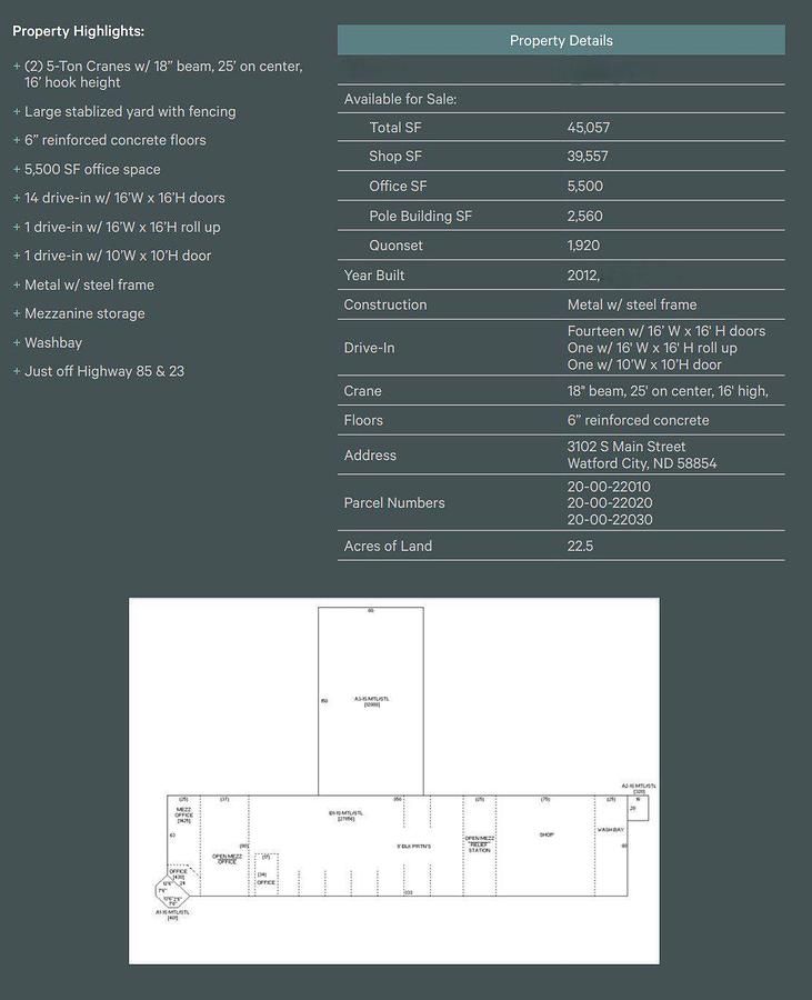 Used 45,000 SQ. Ft. Industrial Facility on 22 Acres Watford City, ND