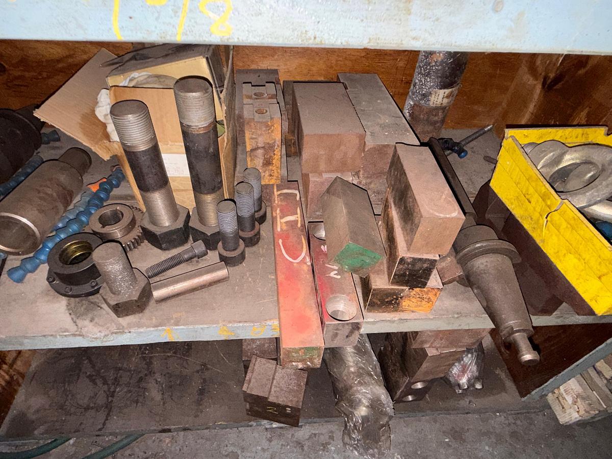 Used 8’x2’x4’ 3-ROW WOOD SHELF W/ CONTENTS OF CUTTING TOOLS, DRILL BITS & CHUCKS, MACHINING RELATED ADAPTERS