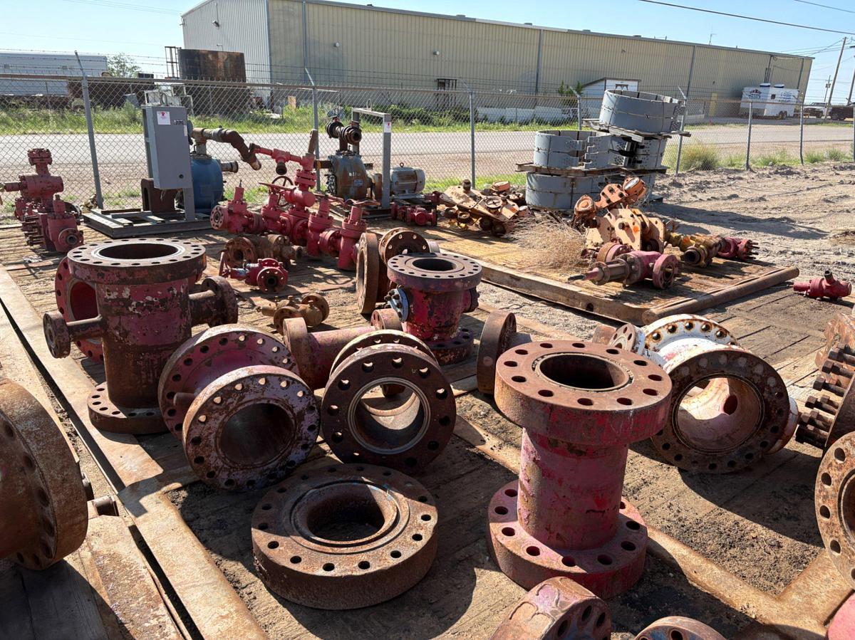 Used Assorted spacer spools, gate valves, & contents of rig matting board