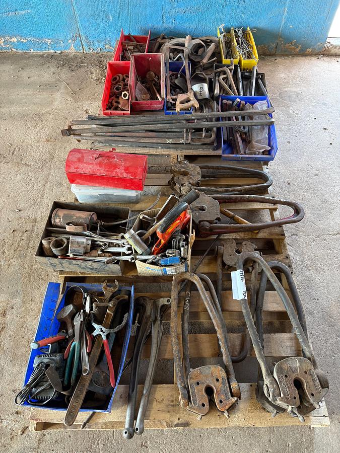 Used (2) PALLETS W/ (4 SETS)-OBANNON ROD ELEVATORS, ALLEN WRENCHES, 50’ TAPE MEAS., SOCKETS, HAND TOOLS, C-CLAMPS