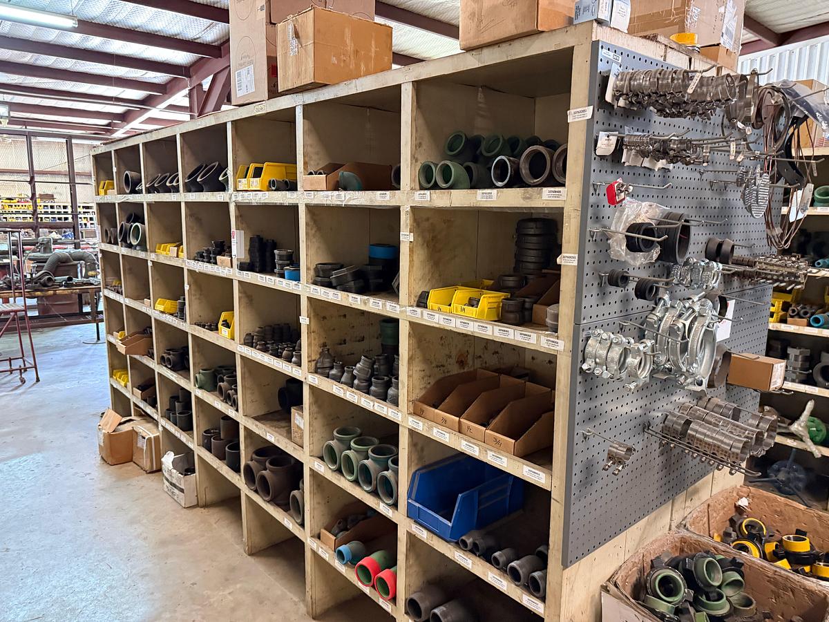Used 14’ x 2’ x 7’ 42-BIN WOOD PARTS SHELF