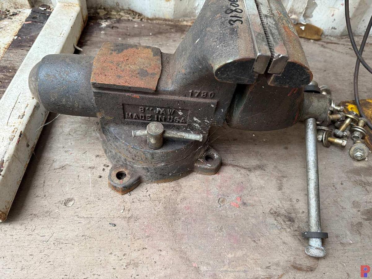 Used VESTIL 2K LBS TABLE CRANE W/ ELECTRIC WINCH & 8” JAW TABLE VICE