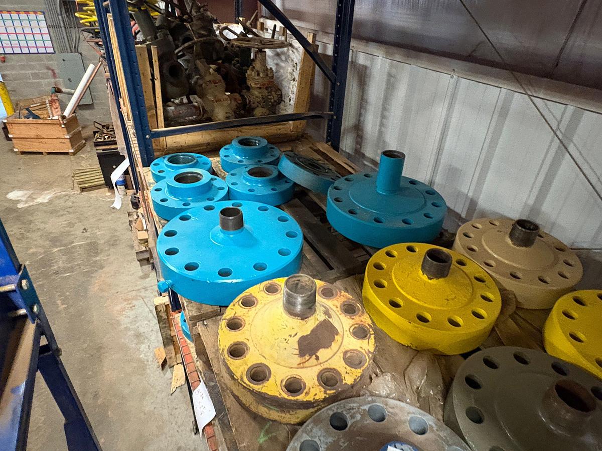 Used (7 pallets) w/ assorted landing flanges, 3” & 4” 1002 weco flanges, & unused 1-8x7 & 1-1/2-8x13 stud bolts