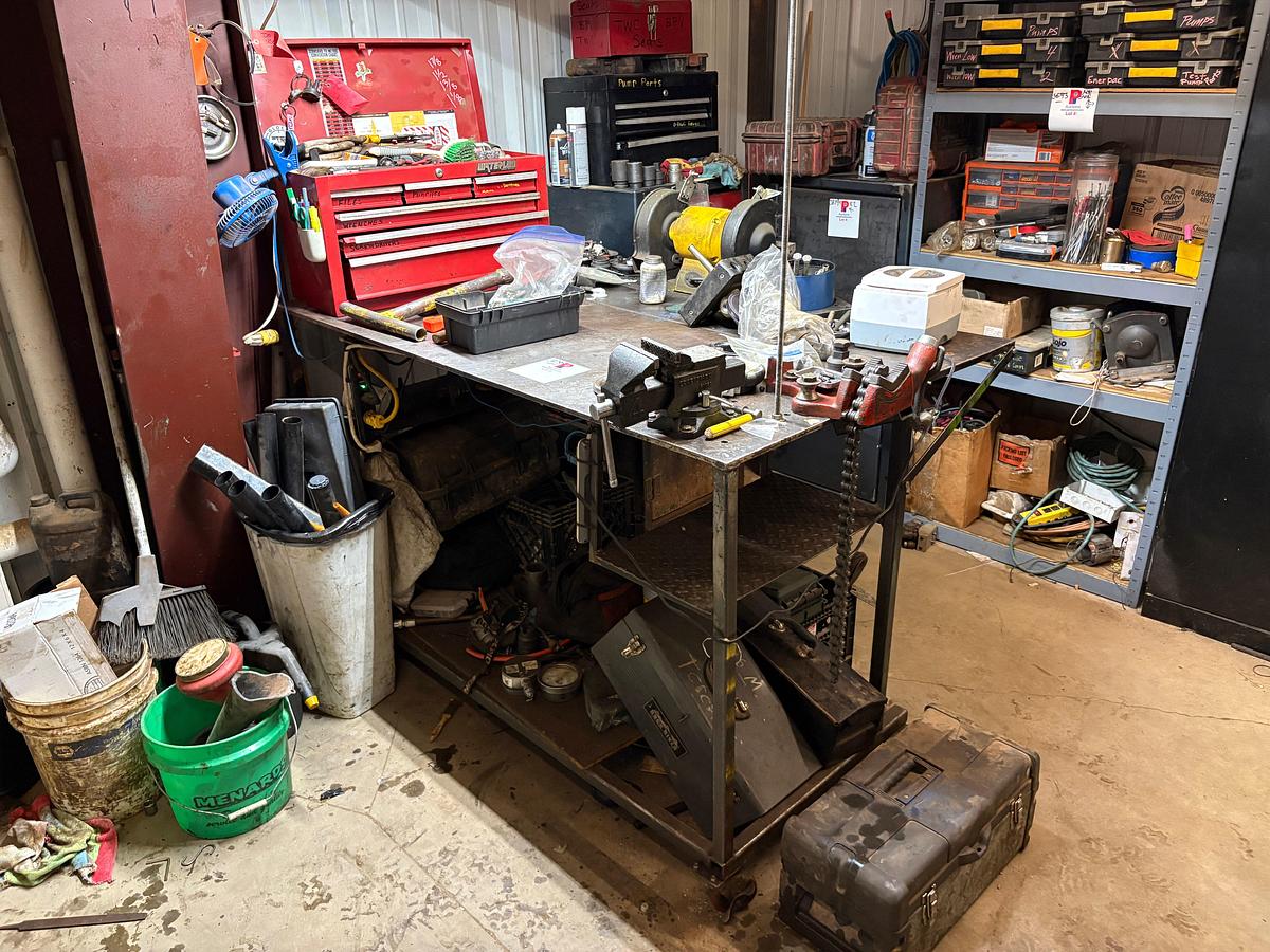 Used 64” x 40” x 41” metal shop table w/ contents