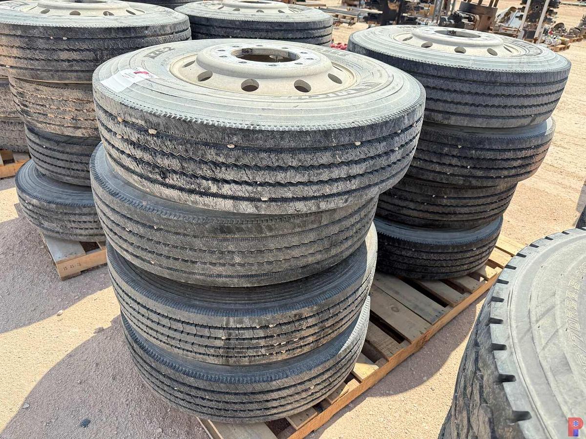 Used (8) 11R22.5 TIRES W/ ALUMINUM / STEEL PILOT WHEELS