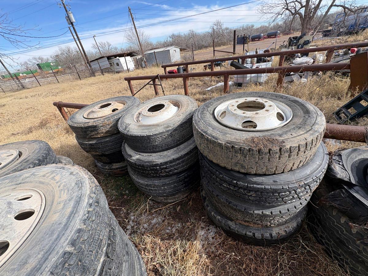 Used (14) assorted 11r24.5 & 11r22.5 tires & (15) 10-lug steel wheels