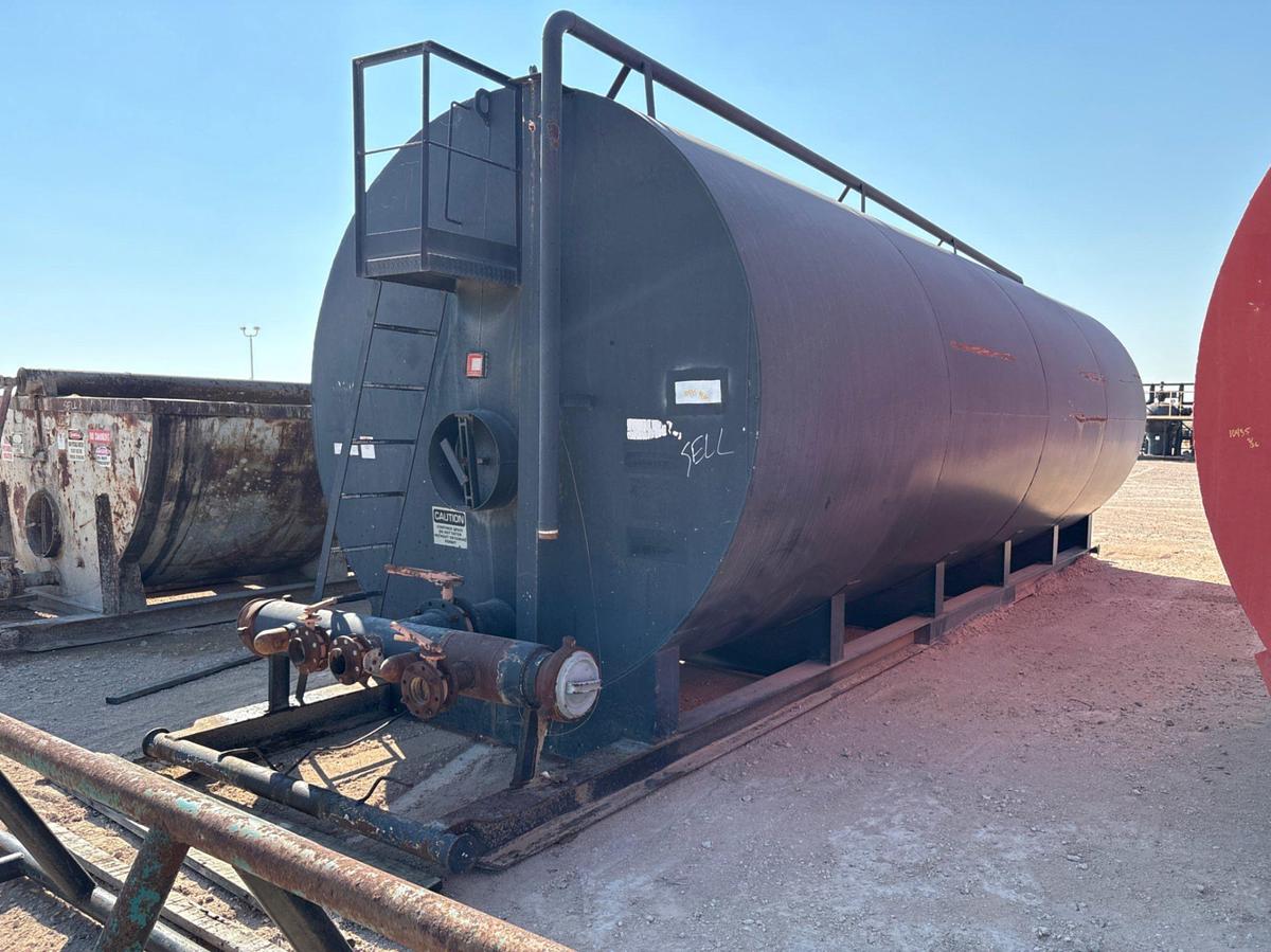 Used J&J steel 10’ 6” x 32’ 500BBL round bottom frac tank, skidded