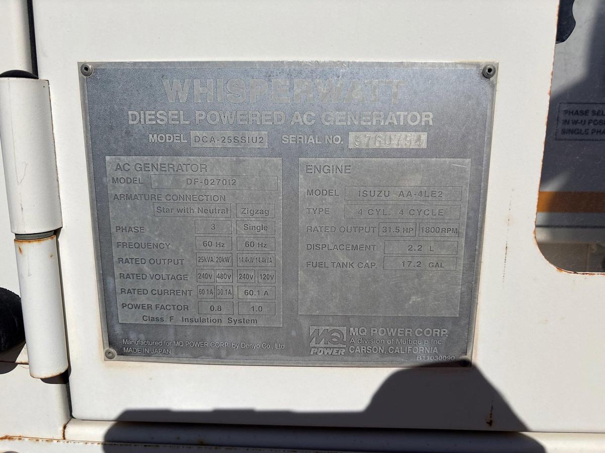 Used 2005 WHISPERWATT 25KW S/A BUMPER PULL GENERATOR