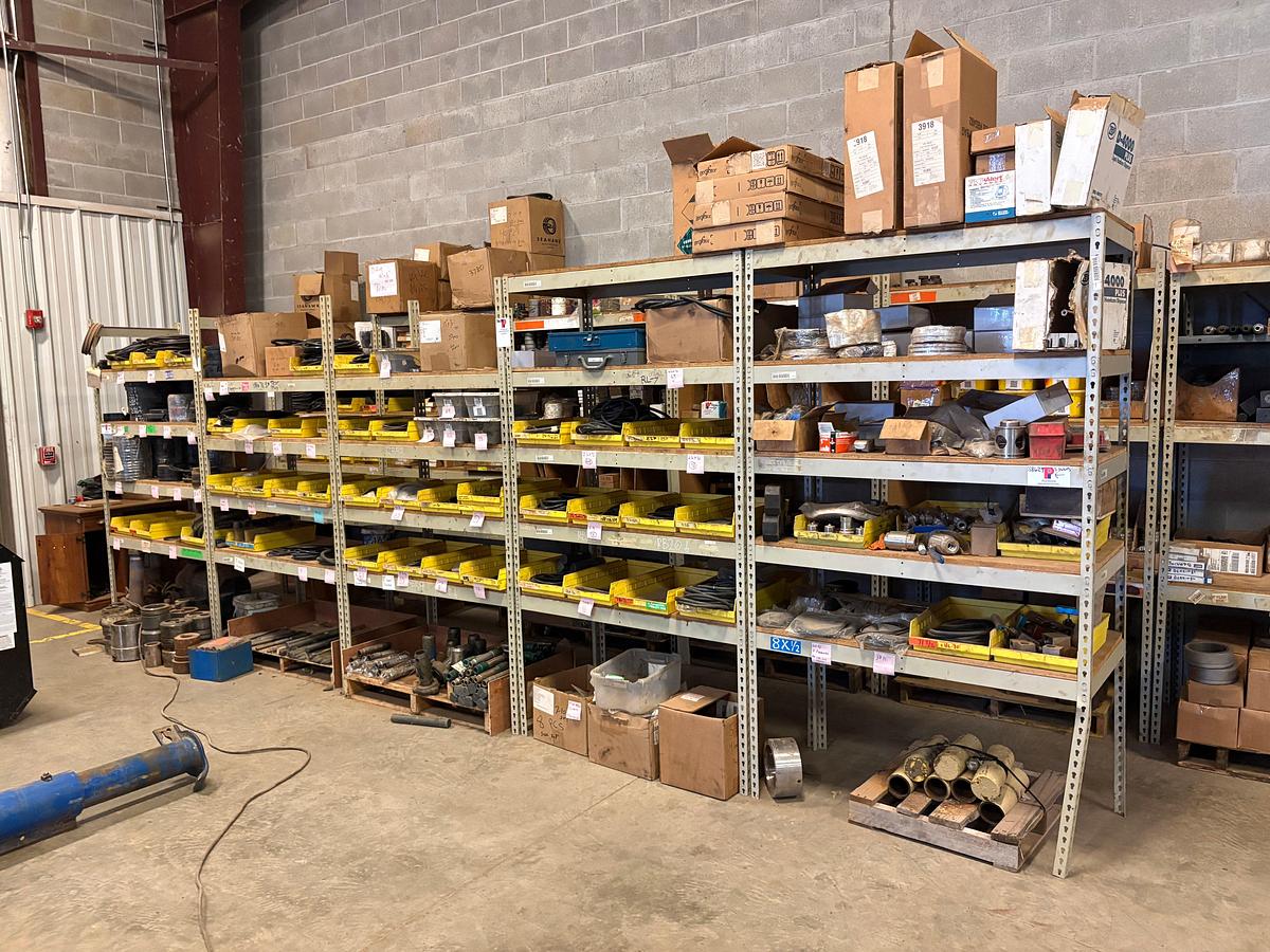 Used (5) sets of shelves w/ assortment of valve parts, hangers, esp connections, o-rings, & rubber seals