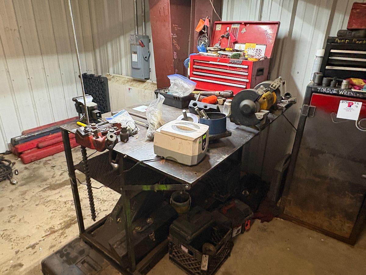 Used 64” x 40” x 41” metal shop table w/ contents