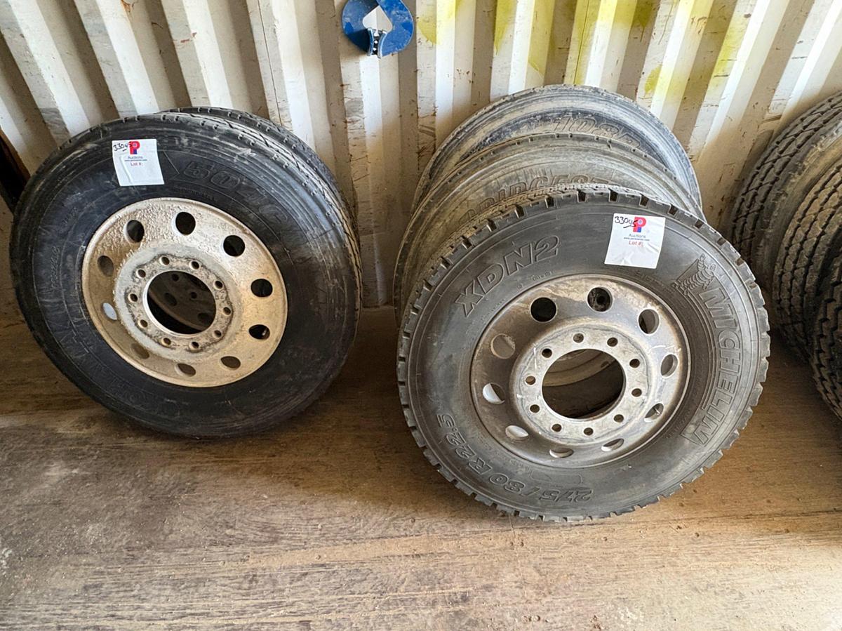 Used (4) 11R24.5 tires w/ 10-lug wheels & (1) 275/80r22.5 tire w/ 10-lug wheel