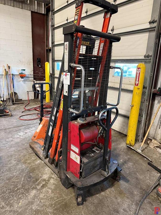 Used LOT W/ DAYTON 5RRY5 2,200 LB CAP. ELEC. PALLET JACK, (2) 6’-7’ LADDERS, MANUAL PALLET JACK, BANDING CART W/ TOOLS & CLAMPS