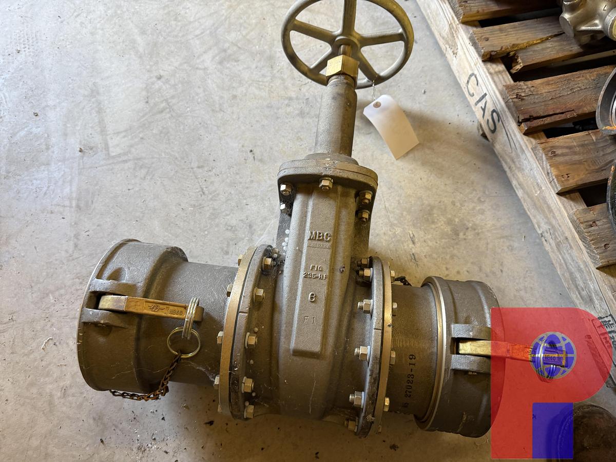 Used (6 X $) UNUSED 6” FLANGED MBC FIG 235-RF GATE VALVES W/ CAMLOCK FITTINGS