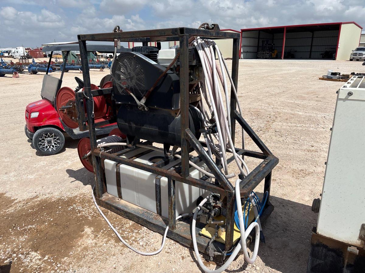 Used North Star air compressor w/ poly tank, hose reels, & pneumatic pumps