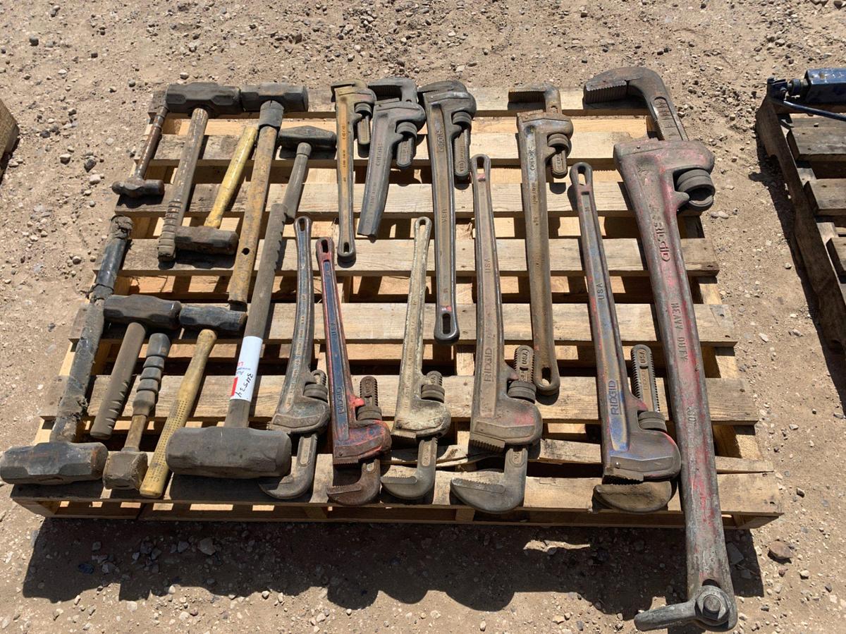 Used Pallet of Assorted Ridgid Pipe Wrenches and Hammers