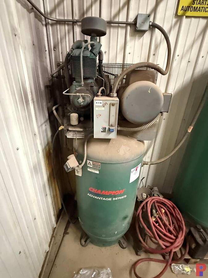 Used CHAMPION VR7F-8 7.5HP/230V/1PH 80 GALLON AIR COMPRESSOR W/ EXTRA SUPPLY TANK & UNUSED ELECTRIC MOTOR