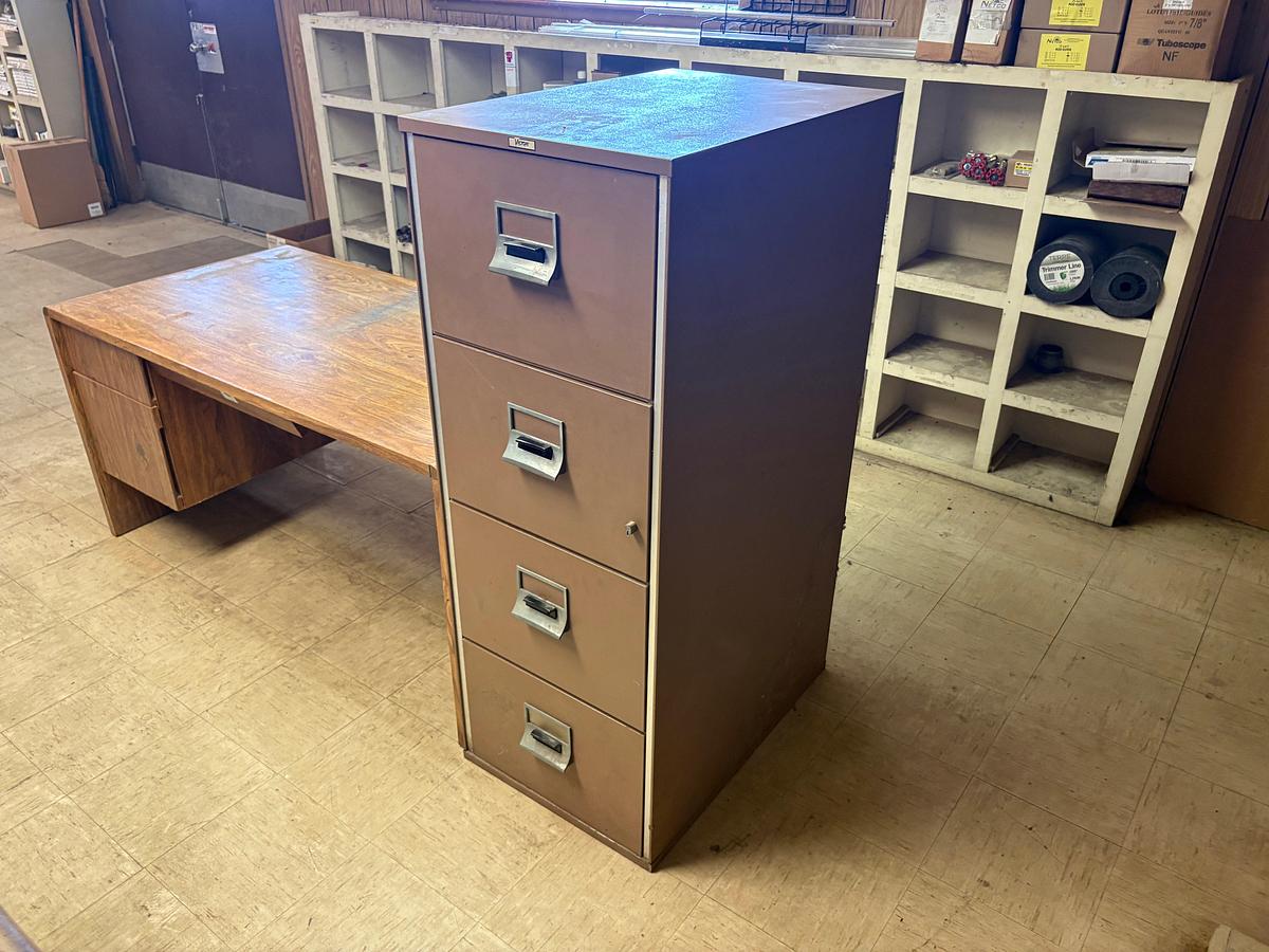 Used (3) Victor 4-drawer fire proof filing cabinets & 5’ x 30” x 28” desk