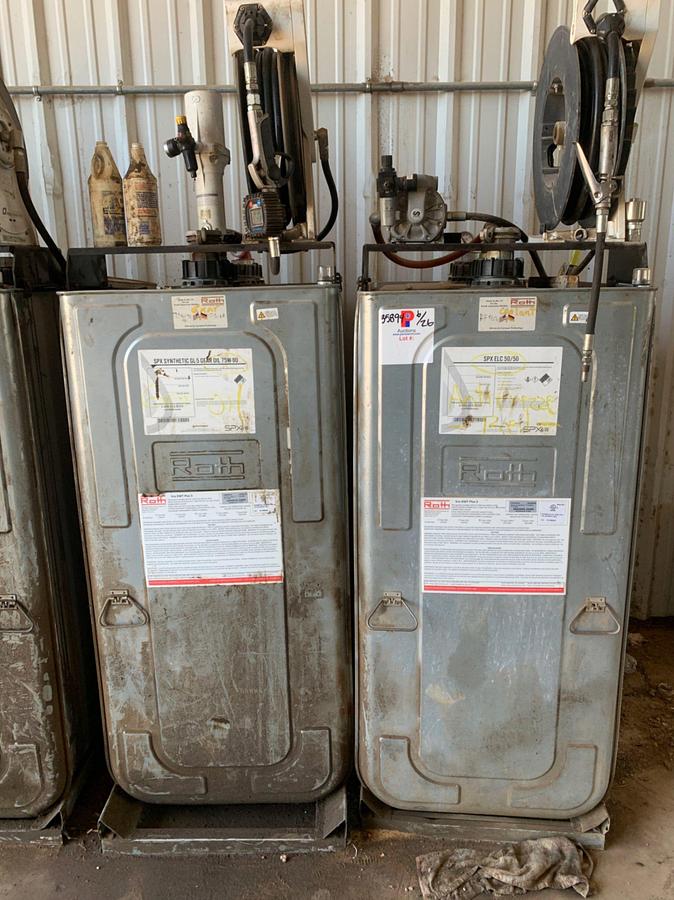 Used (2) ROTH 275 Gal Stainless Totes w/ Samson Pump Air PumpMaster and 50’ Hose Reel
