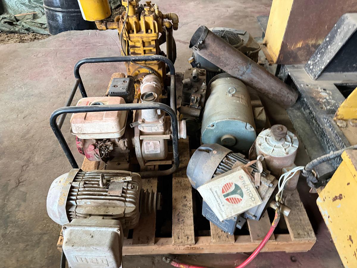 Used PALLET W/ HODA GX160 GAS TRASH PUMP (INOP), BENDIX CAT AIR COMPRESSOR, (4) ELECTRIC MOTORS, KOHLER OHV V-VALVE SMALL ENGINE