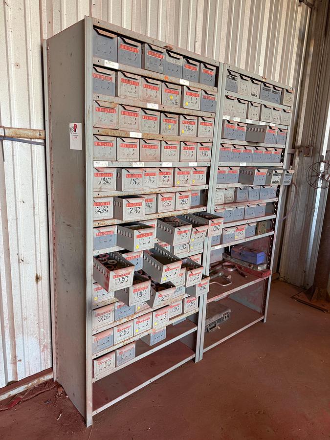 Used (2) 3’L X1 18”W X 7’H SHELVES W/ 110-BINS MOST FULL OF 1/2” THRU 1-1/2” DRIVE SOCKETS UP TO 2-3/4” SIZE