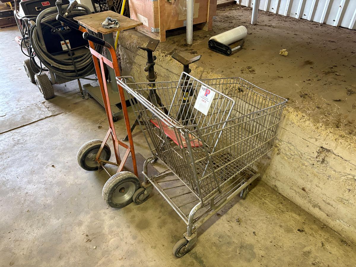 Used (2) adjustable height pipe stands, (1) 2-wheel dolly, & (1) shopping cart