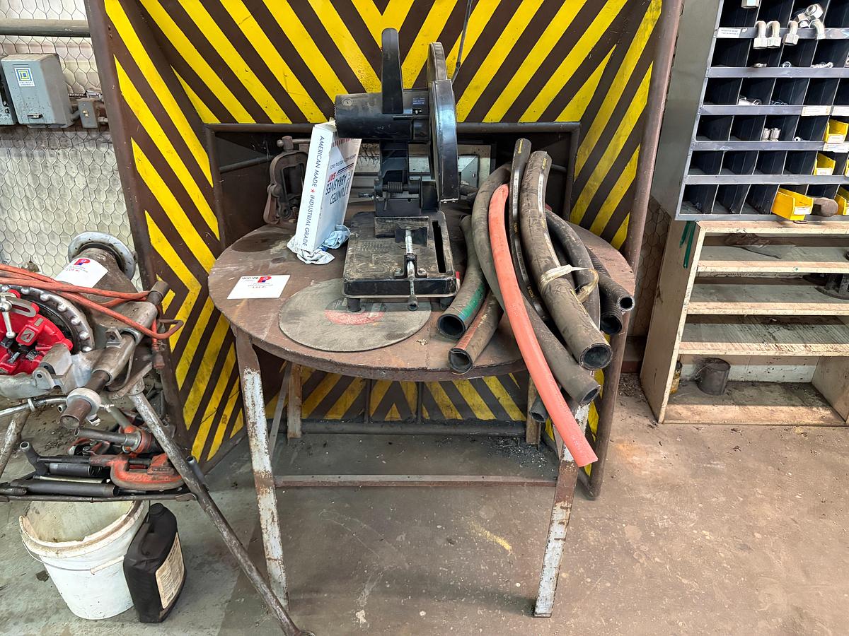 Used 4’Dia x 3’ metal shop table w/ drill master 14” industrial cut off saw