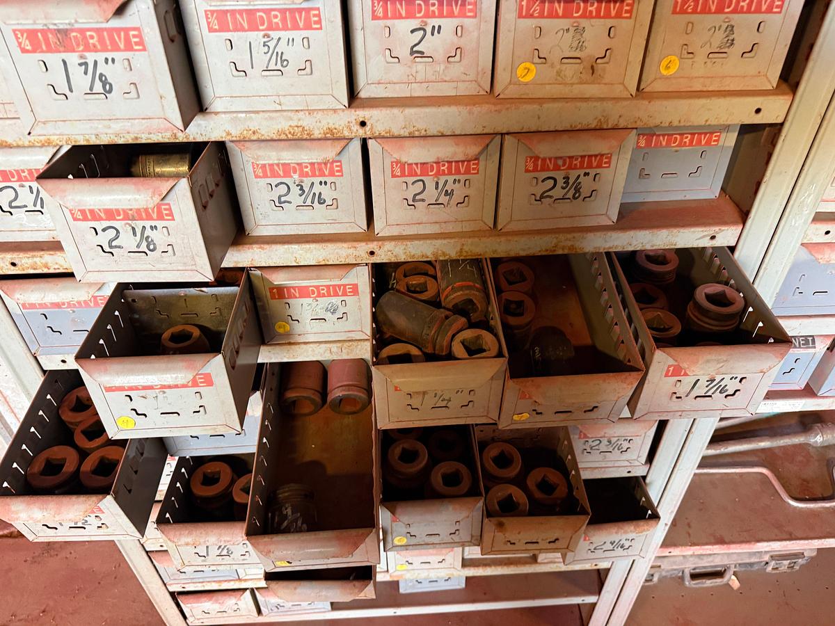 Used (2) 3’L X1 18”W X 7’H SHELVES W/ 110-BINS MOST FULL OF 1/2” THRU 1-1/2” DRIVE SOCKETS UP TO 2-3/4” SIZE