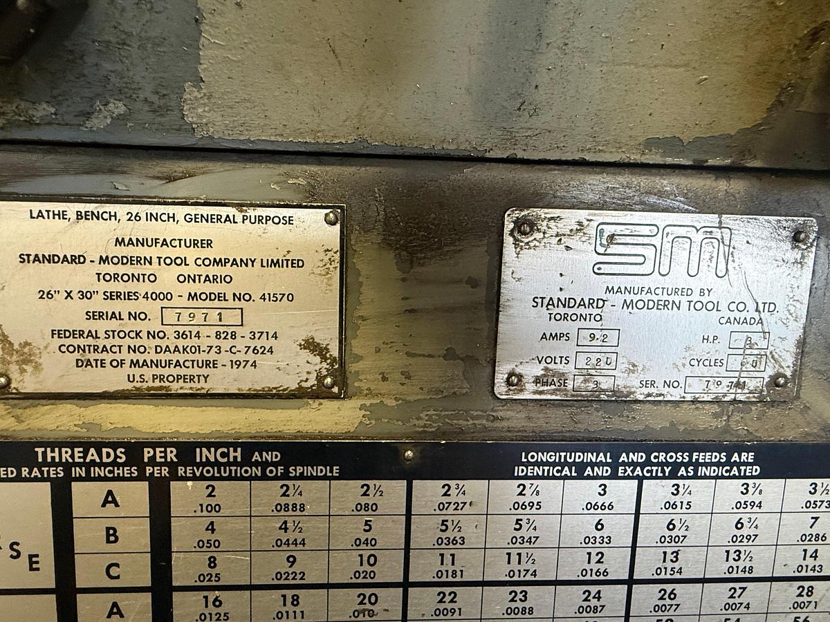 Used STANDARD-MODERN TOOL CO. MODEL 41570 26”x30” BENCH LATHE