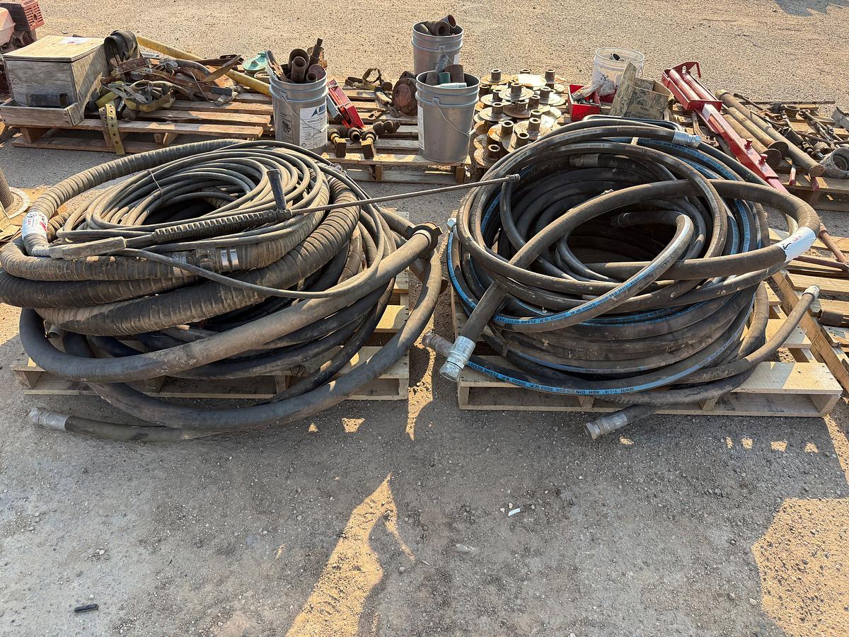 Used (2) PALLETS w/ 1-1/4” 5K WP HYD HOSES, PRESSURE WASH HOSE & LANCE, 3” SUCTION HOSE, 2” 2K WP HOSE W/ HAMMER UNIONS