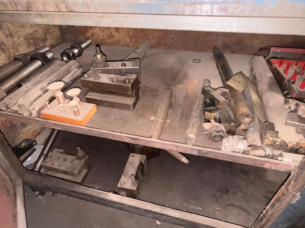Used 8’x2.6’x3.6’ METAL ROLLING TOOL CABINET & WORK BENCH W/ LATHE TOLLING CONTENTS