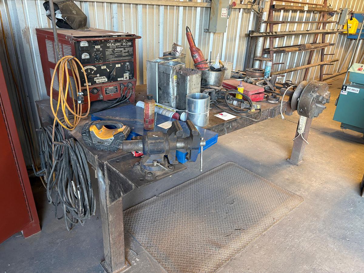 Used 8’ x 4’ x 33” metal shop table w/ contents