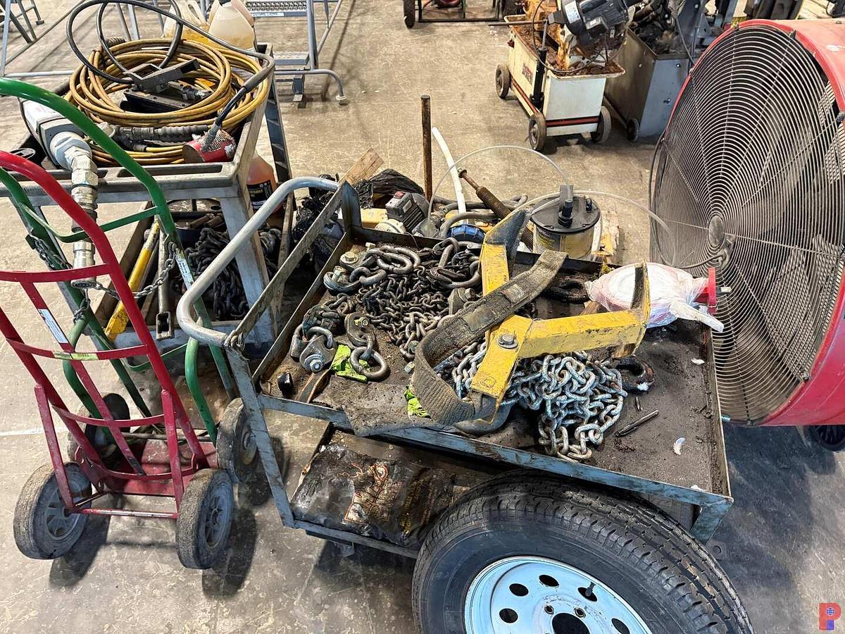 Used LOT W/ (2) ROLLING PARTS CARTS, (2) DOLLIES, HEADLAND METER, PORT A POWER FOOT PUMP, & HOSE,,  PNEUM. FLUID PUMP, 42” SHOP FAN