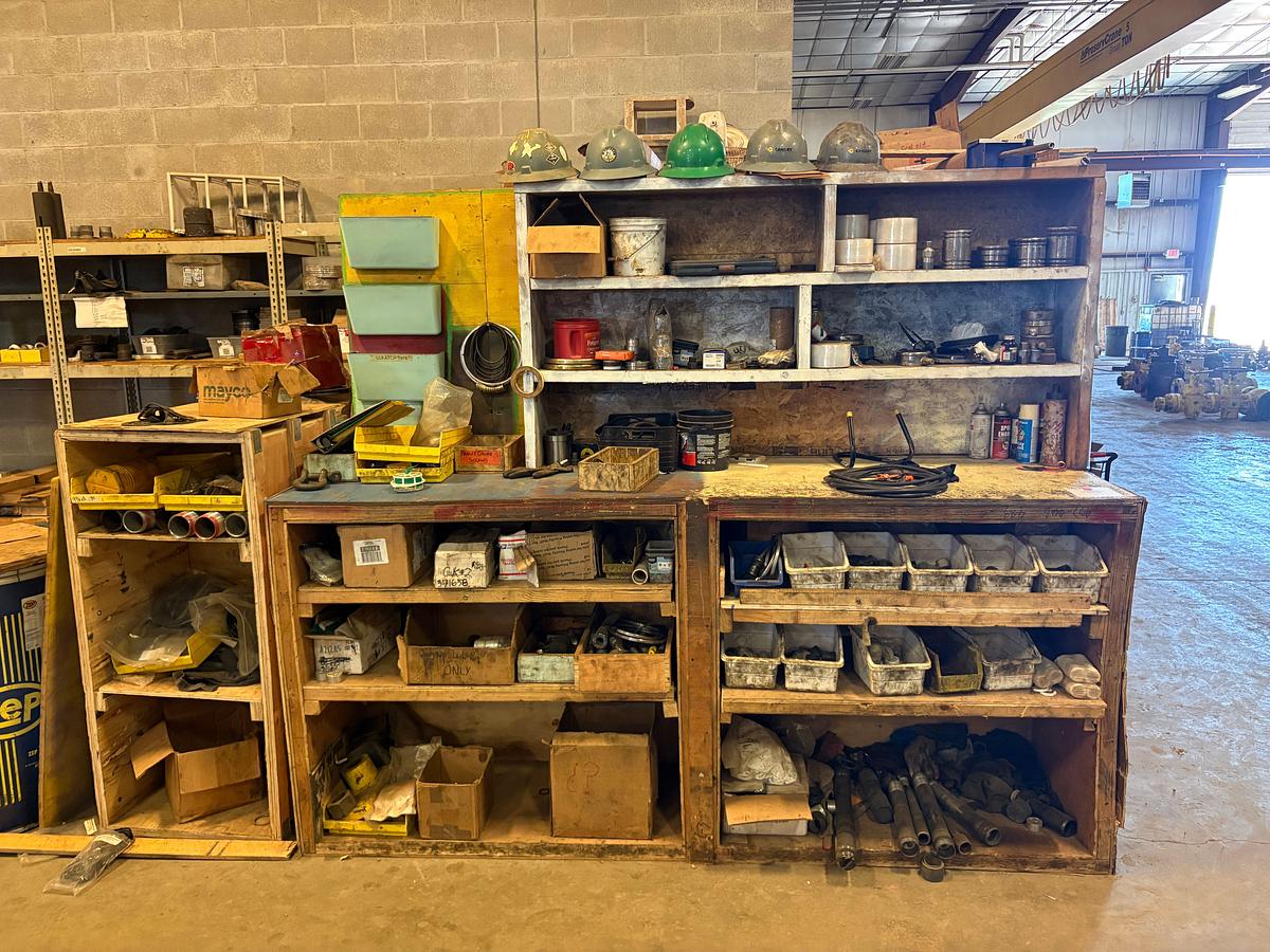 Used Contents of shop table to include: assorted pipe nipples locking pins, pressure gauges, o-rings, etc.