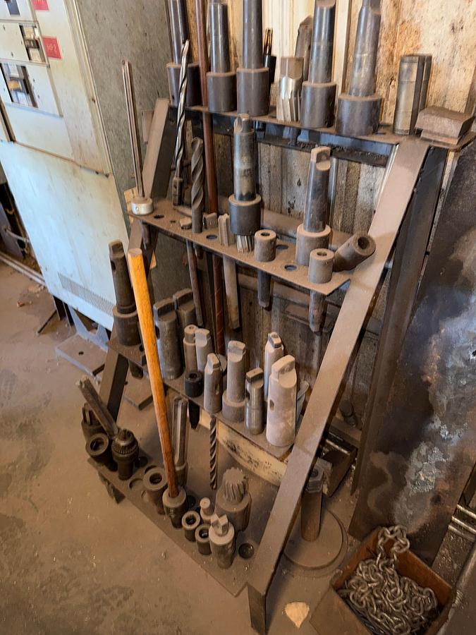 Used SECTION OF (4) TOOL RACK/ TABLES / ROLLING / CART W/ CONTENTS OF RADIAL ARM DRILL PRESS TOOLING & RELATED