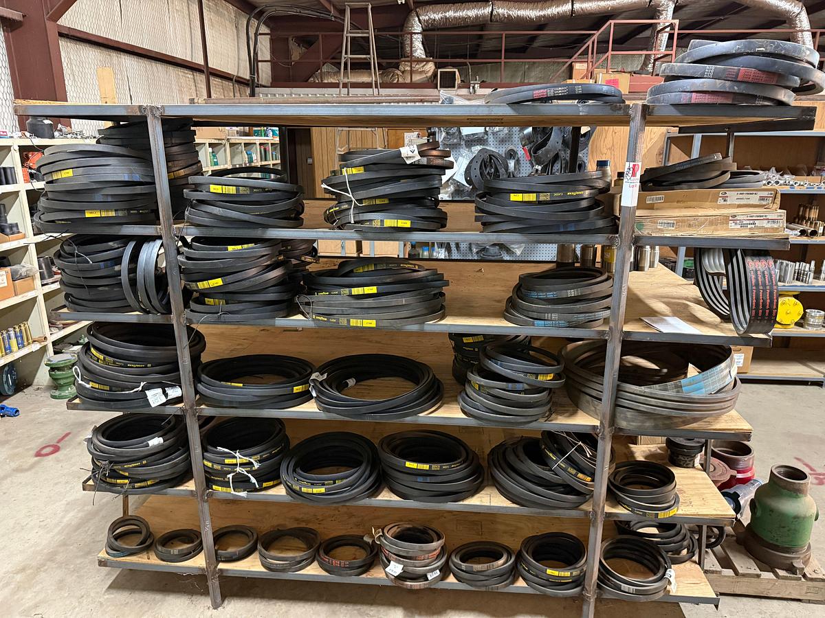 Used SECTION OF (100+) MOSTLY GOODYEAR C,D,& B-SECTION V-BELTS & (4) POWERBAND V-BELTS, SIZE RANGE C60 THRU C206 & D-210