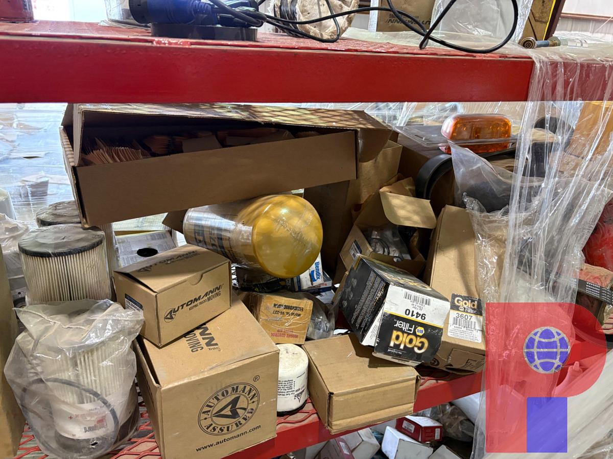 Used (2) 16’ X 2’ X 5’ SHELVES W/ OIL & AIR FILTERS, BELTS, ROLLER CHAINS, MISC. CONTENTS